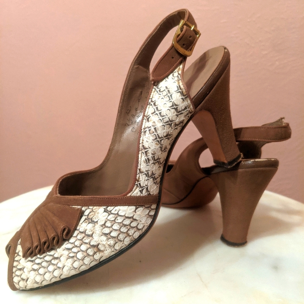 Vintage 1940s Snakeskin Peep Toe Heels - Picture 2 of 4